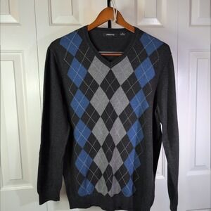 Claiborne Men's Md Gray Blue Argyle 100% Cotton Sweater Work Smart Ivy League